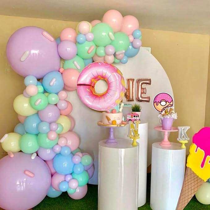 Donut Party Decorations, 108 Pcs Pink Purple Green Teal Balloons Arch Kit Pastel Latex Balloon Foil Donut Sprinkles Confetti Candy for Girls Princess Sweet One Birthday Donut Grow up Party Decorations