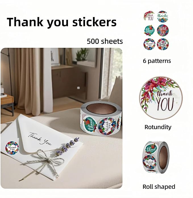500pcs Floral Thank You Stickers Roll,1 Inch Circle Gift Seals for Packaging, 6 Patterns,Pink Rose Design,Bakery,Cards,Envelopes-Waterproof Adhesive Labels (Blue)