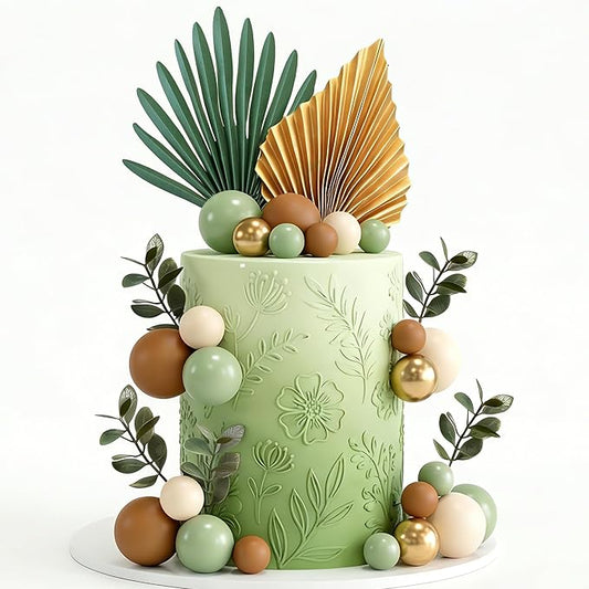38 PCS Balls Cake Toppers Palm Leaves Cake Decorations for Birthday Wedding Baby Shower Party Supplies Mother's Day （Sage Green）