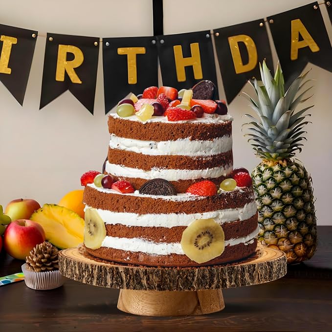 11.5"-12.5" Wood Cake Stand with Cake Cutting Set (Knife and Server) - Rustic Wooden Cake Holder for Decorating, Party, Wedding, Baby Showers, Reception, Event - Ideal Baking Gift & Home Decor
