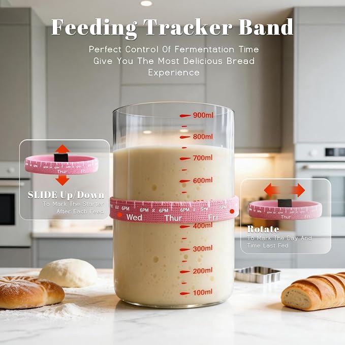 Pink Sourdough Starter Kit – 34 Oz Glass Jar With Lid, Cloth Cover, Date Band, Temp Strip – Sourdough Bread Baking Supplies, Glass Container, Pink
