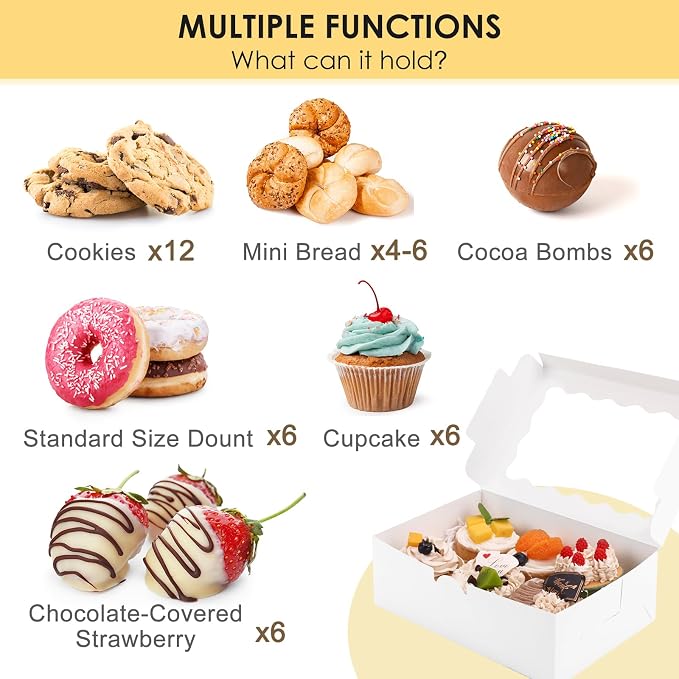 Moretoes 12pcs Cookie Boxes with Window, 9x6x3 Inch White Bakery Boxes Pastry Containers for Chocolate Covered Strawberries, Candy, Muffins, Donuts