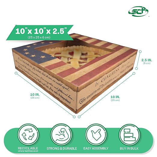 SCT 2484 USA Kraft Paperboard Flag Design Print Window Bakery Box, 10" Length x 10" Width x 2-1/2" Height (Case of 150)