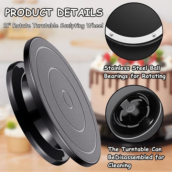 11 Inch Rotate Turntable Sculpting Wheel Revolving Cake Turntable Black Painting Turn Table Lightweight Stand for Paint Spraying Spinner, Cake Decorating, Displaying Item (Black)