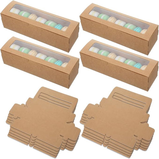 100 Pcs Macaron Boxes with Window Bakery Boxes Long Rectangle Treat Containers for Cookies, Donuts, Pastry, Cookies, Chocolate Covered Strawberry, Brown