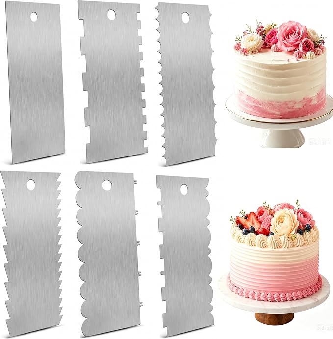 Stainless Steel Cake Scraper Set 6 Piece Multifunctional Set | 6 Patterns Cake Decorating Tools for Smoothing Frosting Edging | Professional Buttercream Scraper Icing Comb for Home Baker