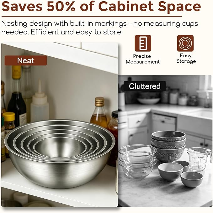 Gronivex 304 Stainless Steel Mixing Bowls, 5-Piece (1.5-5.3 Qt) | Thicker-Gauge, Food-Grade Metal, Stackable Nesting & Space-Saving – Ultimate for Large Family Baking or Party Cooking