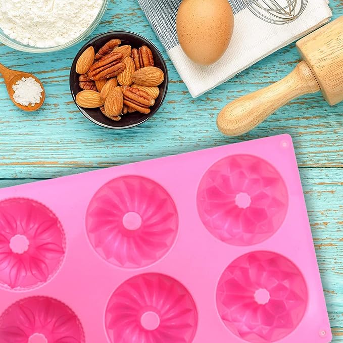 Silicone Mini Cake Pans, 6-Cavity Fluted Tube Cake Pan, Non-stick Silicone Baking Mold for Cupcakes, Donuts, Cornbread, Jellies-2 Packs (Pink, Blue)