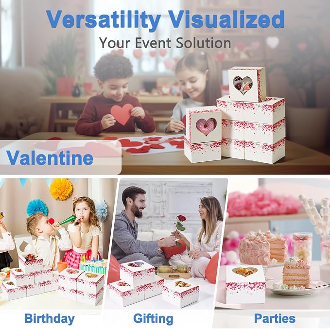50 Pcs 4-Inch Kids Valentines Cookie Boxes Heart, Bakery Treat Boxes for Valentines Day Gifting, To-go Containers for Cake Slice, Macarons, Donuts, Candy 4x4x2.5