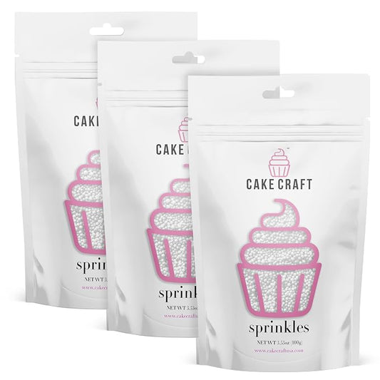 Cake Craft Sprinkles – 3-Pack (100g Each) | Decorating Cakes, Cupcakes, Cookies & More | White – Nonpareils