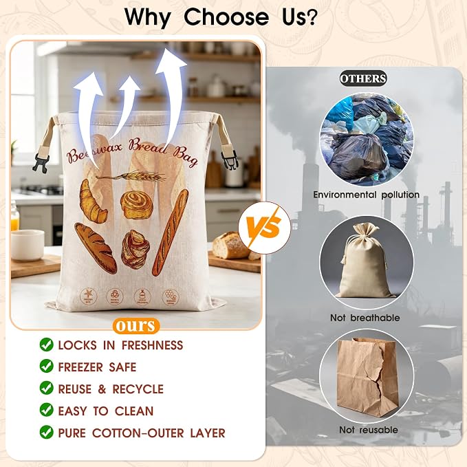 Beeswax Bread Bags for Sourdough, 2 Pack XL Reusable Pure Cotton Organic Beeswax Bread Bag with Bowl Cover, 17 x 13 Inch Bread Bags for Homemade Bread, Keep Fresh, Freezer Safe for Baking, Camping