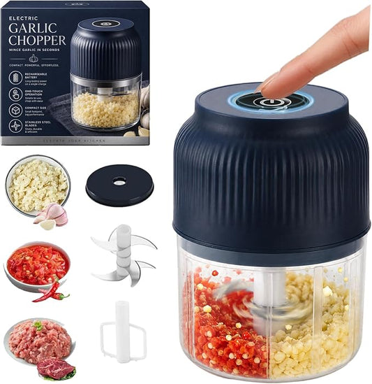 Electric Garlic Chopper, Mini Cordless Food Processor with 6 Stainless Steel Blades, USB Rechargeable Vegetable Mincer for Garlic, Onion, Ginger, Chili, Nuts, Meat & Meal Prep，Blue：4Blades+Egg Beater