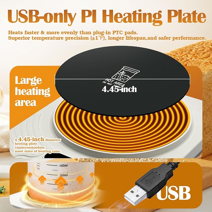 Sourdough Starter Warmer Mat,Temperature Control Range 70°F-110°F, Accurate to 1°F, with Timer Switch Function(0-24 hours),Smart Memory,Powered by USB,Ideal for Home Baking. (White)