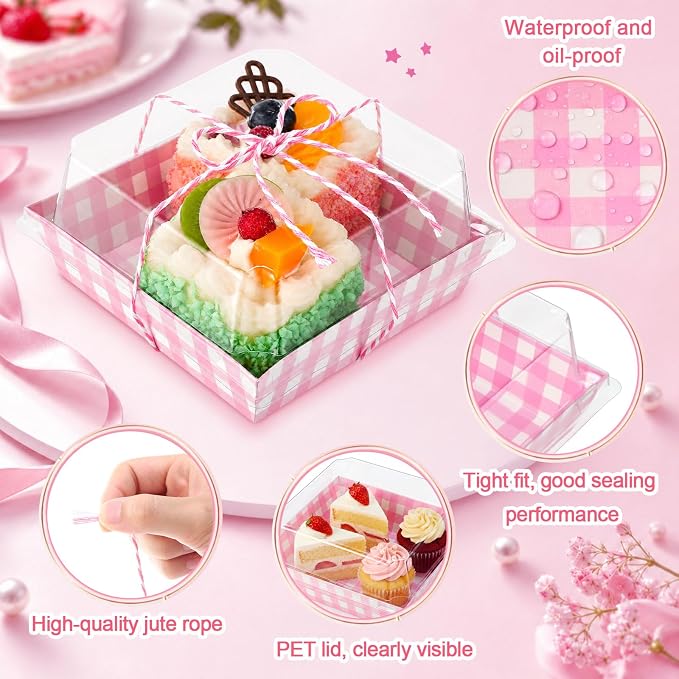 Jetec 150 Pack Charcuterie Boxes with Clear Lids and Rope 4 Inches Cake Disposable Square Dessert Food Box Containers with Lids for Bakery Macaron Cookies Strawberries Fruits Display (Pink White)