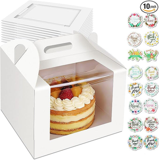 10 Pcs Cake Boxes 10 Inch with Handle, 10x10x8 Inches Tall Cake Box with Window for Tier Cakes, Bakery Take Out Container Cake Carrier, White Large Bakery Boxes for Baking Wedding, Birthday, Party