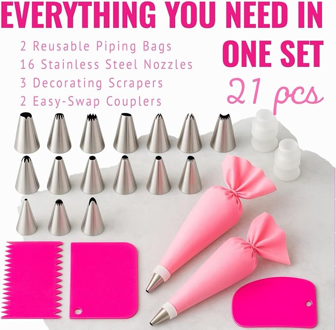 Piping Bags and Tips Set, 21 Piece Reusable Cake Decorating Kit with 14 Stainless Steel Nozzles, 2 Silicone Piping Bags, 2 Couplers and 3 Scrapers for Cupcaskes, Cookies & Icing