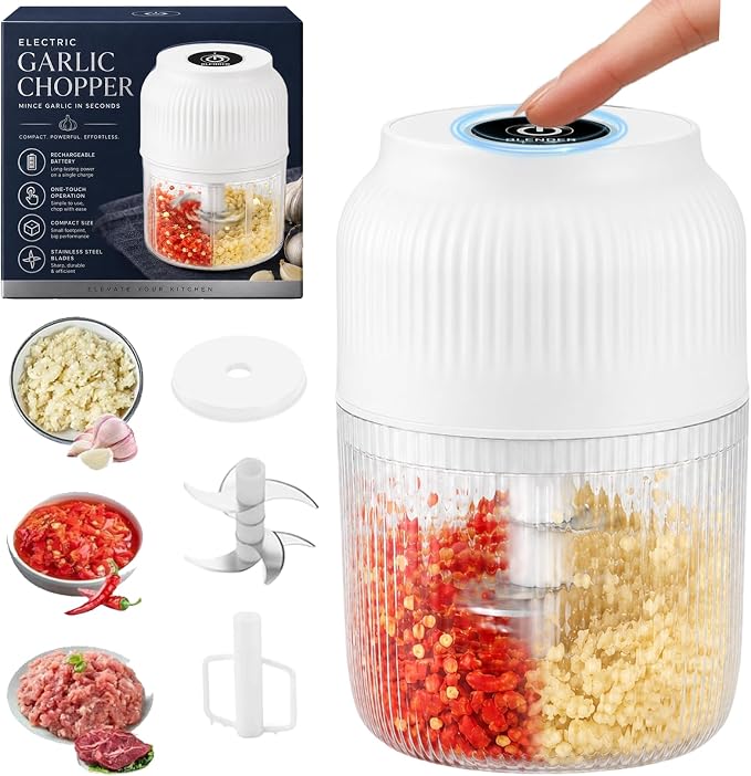 Electric Garlic Chopper, Mini Cordless Food Processor with 6 Stainless Steel Blades, USB Rechargeable Vegetable Mincer for Garlic, Onion, Ginger, Chili, Nuts, Meat & Meal Prep，White：6Blades+Egg Beater