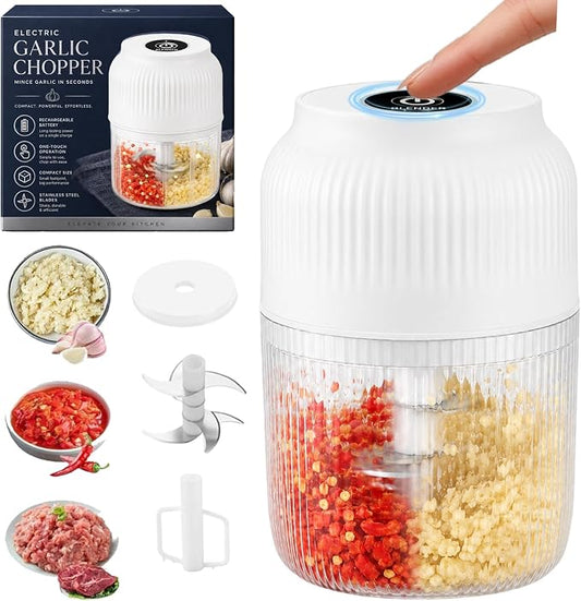 Electric Garlic Chopper, Mini Cordless Food Processor with 6 Stainless Steel Blades, USB Rechargeable Vegetable Mincer for Garlic, Onion, Ginger, Chili, Nuts, Meat & Meal Prep，White：6Blades+Egg Beater