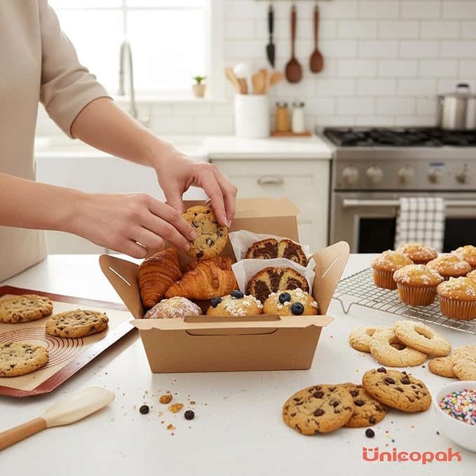 UnicoPak 30 Pack 9x6x6 Kraft Gable Boxes, Food-grade Cardboard Paper Lunch Boxes, Recyclable Gift Boxes with Handles for Treats, Picnic, Takeout Food, Goodie Bags, Sturdy Barn Boxes