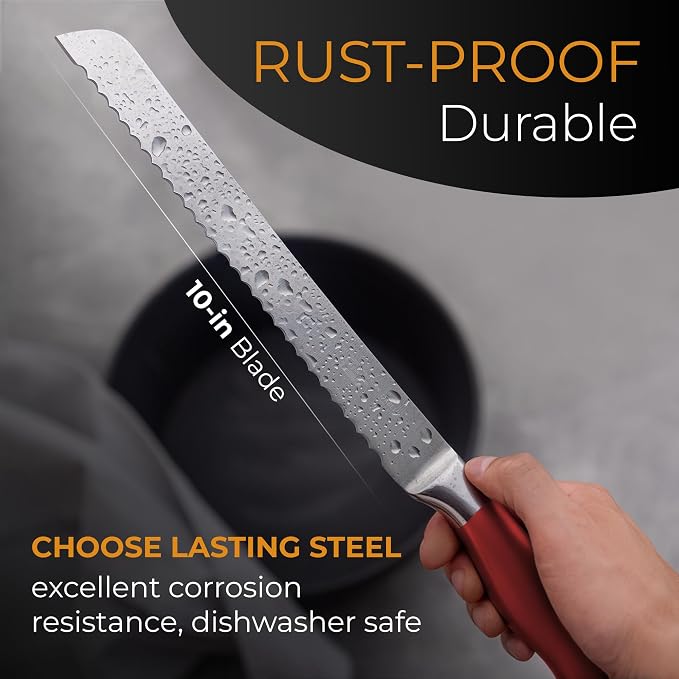 Orblue Serrated Bread Knife with 10-inch Upgraded Stainless Steel Razor Sharp Wavy Edge Width - Bread Cutter Ideal for Slicing Homemade Bagels and Cake (Live Red)