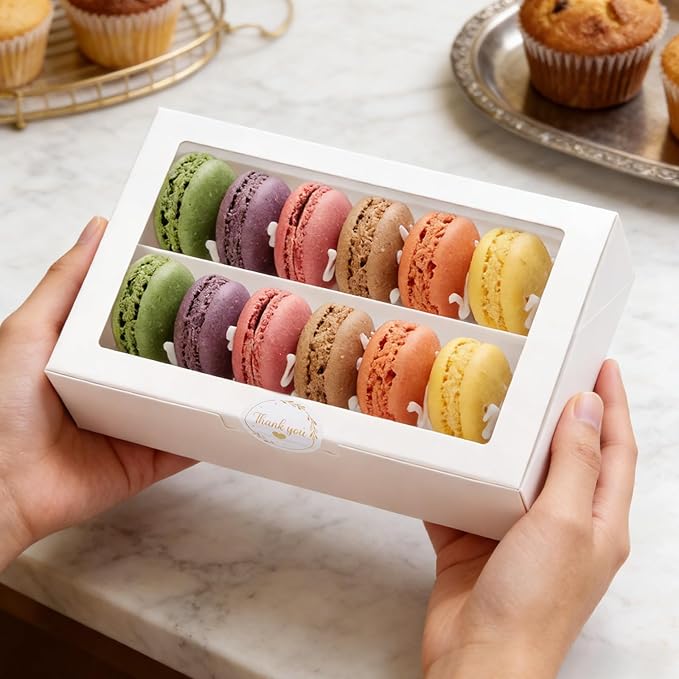 20 Pack Macaron Boxes with Window - 7.3x4.6x2 in Macaron Packaging Containers Holds 12-16 pcs,Small Cookie, Truffle and chocolate covered strawberry boxes for Gift Giving
