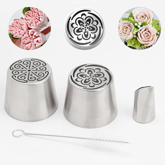 4Pcs Extra Large Russian Flower Piping Nozzles, Stainless Steel Rose Tulip Piping Tips for Cake Decorating, Includes 2 Extra Large, 1 Leaf Nozzle, and 1 Pagoda Brush, Dessert Baking Tool