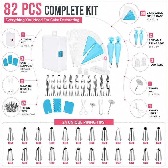 82 pcs Cake Decorating Kit,Baking Supplies Tools, | 48 Piping Tips,3 Cake Spatulas,1 Piping Shears,1 Smoother,2 Converters,20 Disposable Piping Bags+2 Reusable Pastry Bags