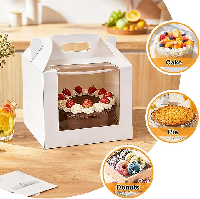 10 Pcs Cake Boxes 10 Inch with Handle, 10x10x8 Inches Tall Cake Box with Window for Tier Cakes, Bakery Take Out Container Cake Carrier, White Large Bakery Boxes for Baking Wedding, Birthday, Party