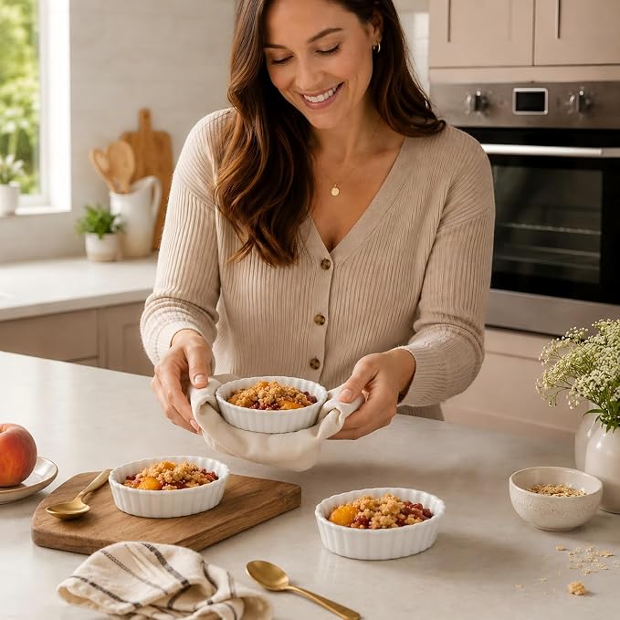 4-Piece Porcelain Baking Dish Set - 4 OZ 5.2 Inch Small Ramekins Pie Pans, Oven Safe Ramekins for Quiche, Tart, Dessert, Creme Brulee, Au Gratin | Stackable, Dishwasher Safe