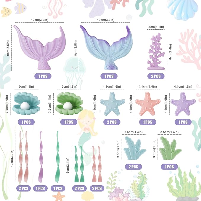 21pcs Mermaid Cake Topper - Mermaid Tail Cake Decorations with Seaweed Shells Starfish Coralal Under the Sea Cake Decorations for Birthday Party Decorations (Blue Purple)