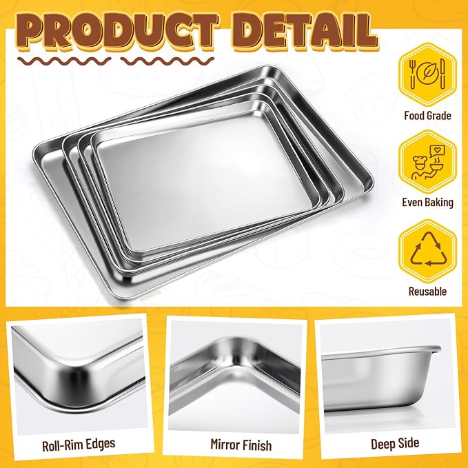 4 Pack Stainless Steel Sheet Baking Pans, 16/18/20/24 Inch Commercial Grade Cookie Sheets for Baking, Heavy Duty Stainless Steel Cookware Set, Non-stick, Non-toxic