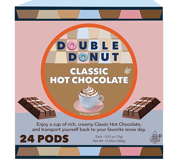 Double Donut Coffee Hot Chocolate Pods for Keurig K Cups Brewers, Single Serve Classic Hot Cocoa Pods, 24 Count