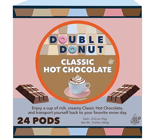 Double Donut Coffee Hot Chocolate Pods for Keurig K Cups Brewers, Single Serve Classic Hot Cocoa Pods, 24 Count