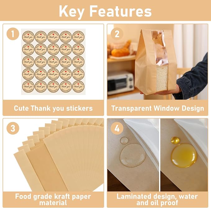 120 Pcs Paper Bread Bags for Homemade Bread with Window, 13.8 x 8.3 x 3.5 in Sourdough Bread Bags with 125 Sealing Stickers, Packaging and Storage of Baked Goods Suitable for Bakers