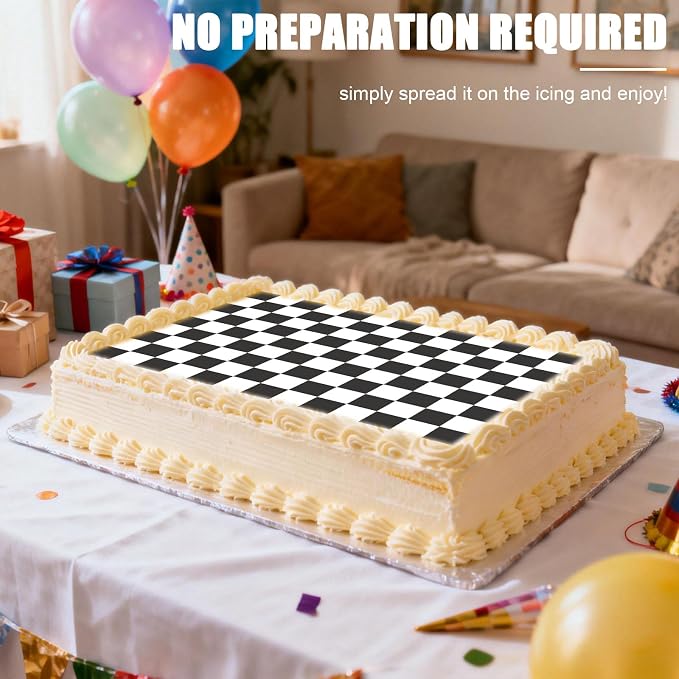 Black and White Checkered Edible Cake Topper, 28x19.4cm/11.02x7.63in Square Racing Party Decoration for Birthday Cakes & Desserts