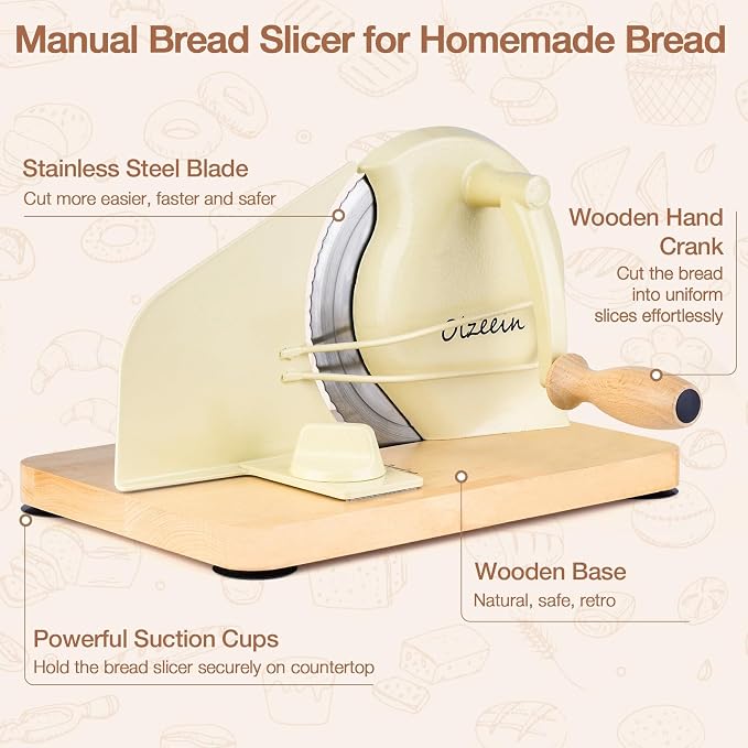 Manual Bread Slicer for Homemade Sourdough Bread, Hand Crank Bread Slicer with Scale Line, Metal Guide & Adjustable Thickness Bread Loaf Slicer, Sharp Blade Bread Cutter for Sourdough Bread (Cream)