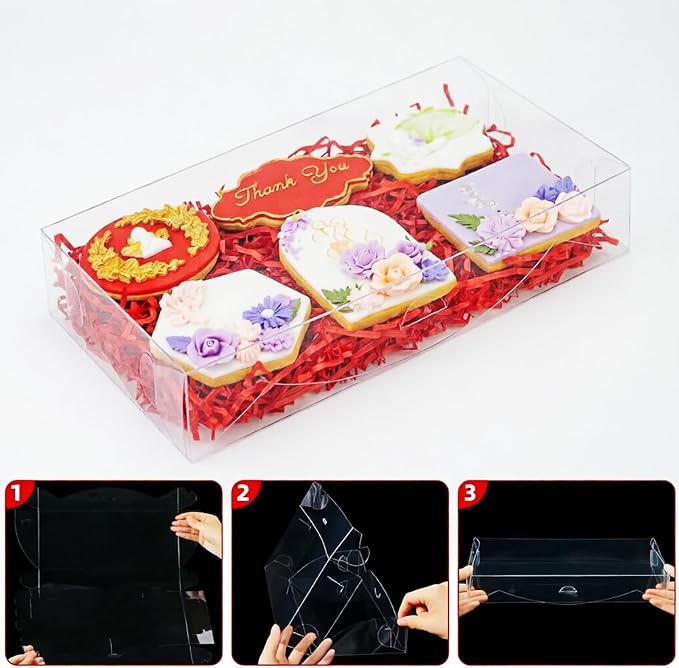 RomanticBaking 24PCS 12x5x2 Inches Clear Valentines Strawberry Boxes Cookie & Macaron Gift Boxes for Party Favors