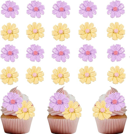 20Pcs Flowers Cupcake Toppers Yellow Purple Pink Flowers Cake Topper for Bridal Engagement Baby Shower Kids Birthday Wedding Anniversary Fairy Floral Party Table Decor