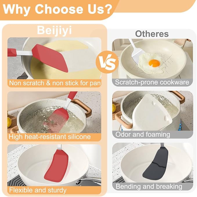 Beijiyi Silicone Spatula Turner, 600°F Heat Resistant, 13 x 3.2 in (Red) | BPA Free, Non-Toxic, Flexible Turner, Non Scratch for Non Stick Frying Pan, Flipping, Cooking, Dishwasher Safe