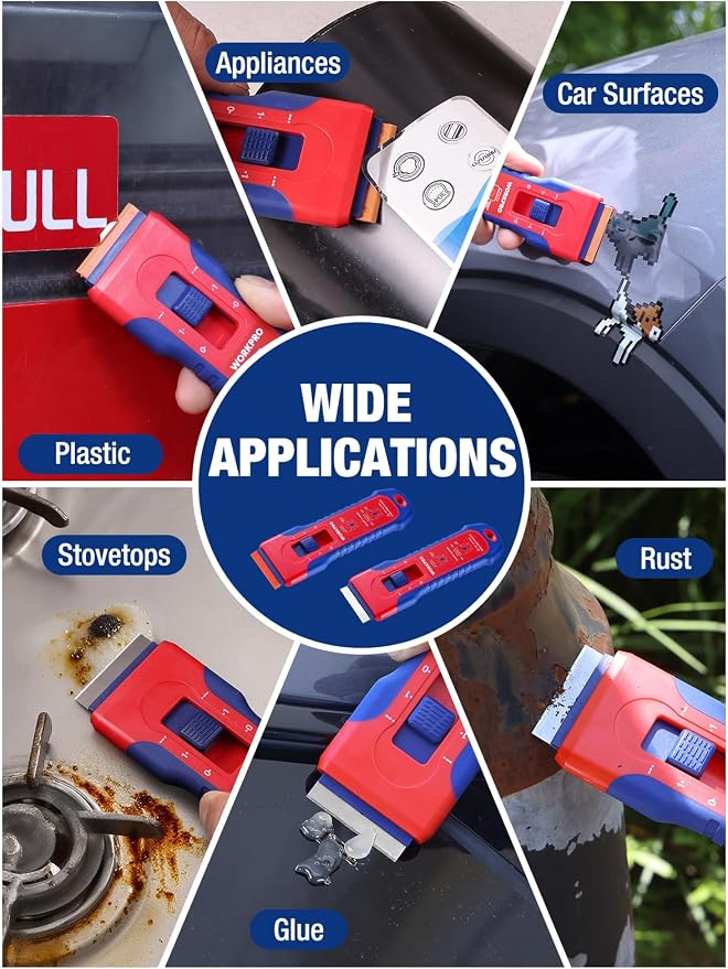 WORKPRO 2-Pack Retractable Razor Scraper Set with Built-in Blade Storage, 182 Blades, 62 Metal Razor Blades & 120 Plastic Blades for Paint Removal, Stickers, Adhesive, Glass, Ceramic and Wood