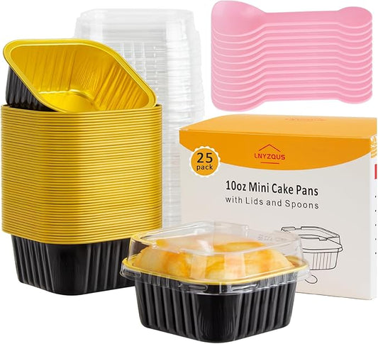 LNYZQUS 10oz Mini Cake Pans with Lids 25 Pack,4”x4” Foil Small Cake Tins Baking Cups for Brownie Bread, Disposable Muffin Pan Individual Cupcake Containers for Halloween Baking Gifts-Black