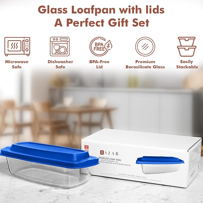 Razab LARGE 7.6 Cups/1800 ML/1.9 Qt Glass Loaf Pan with Lids - Meatloaf Pan BPA free Airtight Lids Grip Handle Easy Carry, Microwave and Oven Safe - Loaf Pans For Baking Bread, Cakes, Glass Loaf Pan