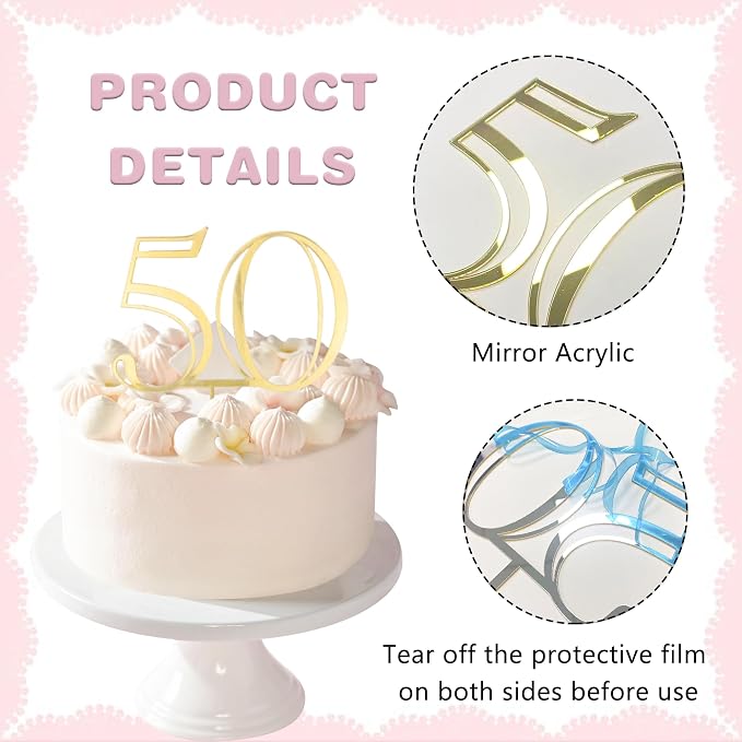 Gold Acrylic Number 50 Cake Topper - 50th Anniversary Cake Decor for Men & Women's Parties