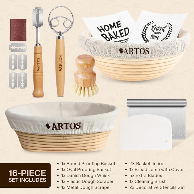 Sourdough Starter Kit | 9" Round & 10" Oval Banneton Bread Proofing Baskets | Sourdough Bread Baking Supplies with Dough Whisk, Scrapers Bread Lame, Cleaning Brush, Detailed Guide & Recipes