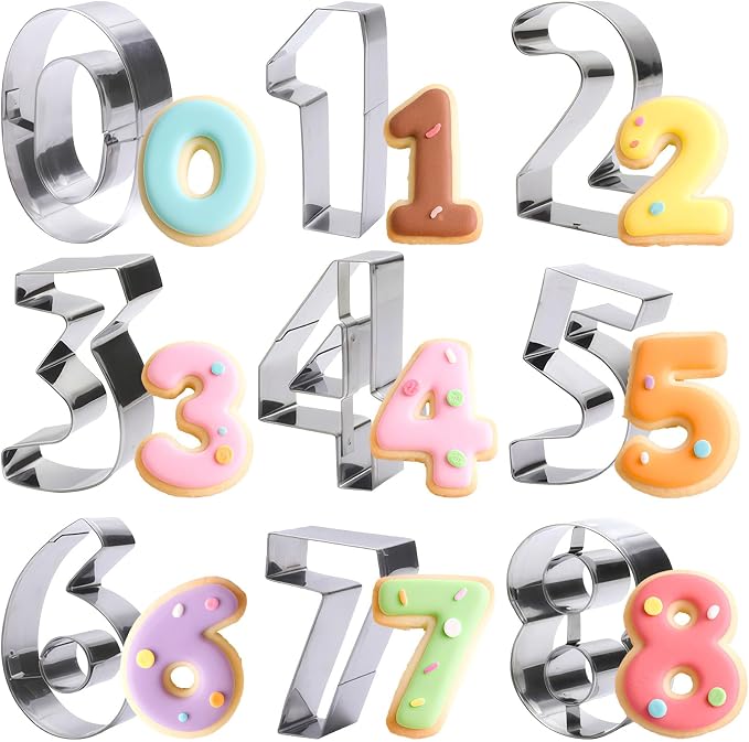 ofone Large Number Cookie Cutters (0-9), 3 Inches Stainless Steel Fondant Cutter Set, 9pcs Numbers Biscuit Molds for Baking Cake Clay