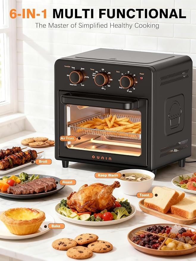OUNIN Air Fryer Toaster Oven with Steam Infusion, 12 QT Compact Countertop Oven, 6-in-1 Stainless Steel Combo Bakes, Broils, Grills & Warms, Fast Preheat, 60-Minute Timer – Small Kitchen Friendly