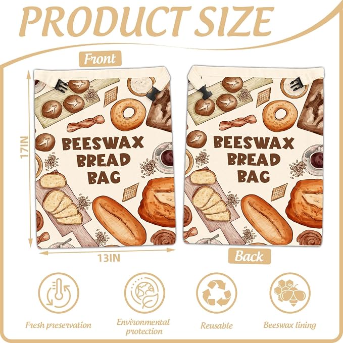 2 Pack Bread Bag for Homemade Bread, Natural Beeswax Storage Bag, Reusable Linen, Food Storage Cloth Bag with Buckle, Keep Loaves Fresh Longer, Homesteading Essentials Supplies 13 * 17IN