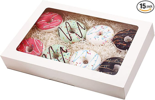 RIFMEAE Cookie Boxes, 14" x 10" x 2.5" White Bakery Boxes with Window, Auto-Popup Treat Boxes, Pastry Boxes for Cookies, Donuts, Muffins and Strawberries [ Pack of 15 ]