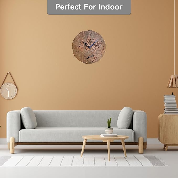 Lily's Home Hanging Wall Clock, Includes a Thermometer, Ideal for Indoor and Outdoor Use, Wonderful Housewarming Gift for Friends, or for Any Butterflies Lovers, Polyresin