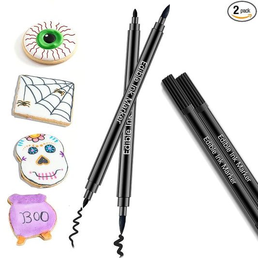Black Edible Markers for Cookie Decorating - 2pcs Black Food Coloring Pen Double Sided Fine Tips Edible Pens, Christmas Food Grade Marker Pens for Baking Decorating, Fondant, Chocolate, Frosting